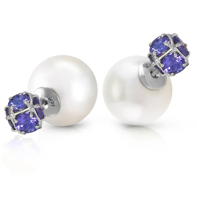 14K Solid White Gold Tribal Double Shell Pearls And Tanzanites Stud Earrings