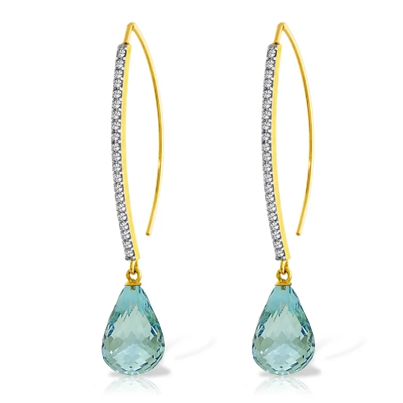 14K Solid Yellow Gold Diamonds Fish Hook Earrings w/ Dangling Briolette Blue Topaz