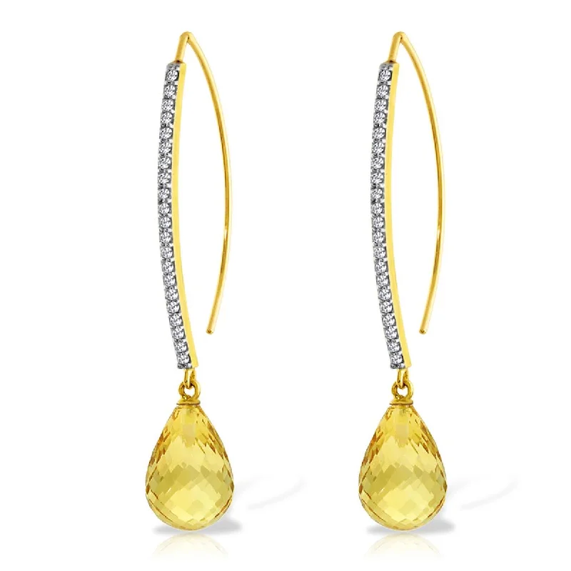 14K Solid Yellow Gold Diamonds Fish Hook Earrings w/ Dangling Briolette Citrines