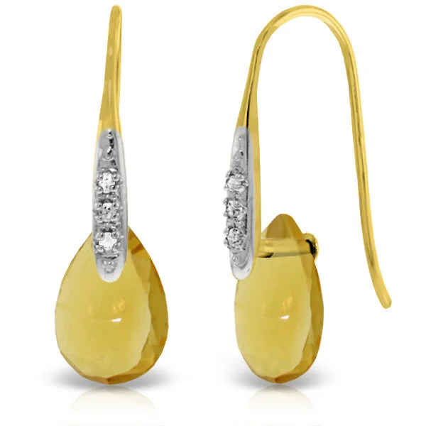 14K Solid Yellow Gold Fish Hook Earrings w/ Diamonds & Dangling Briolette Citrines