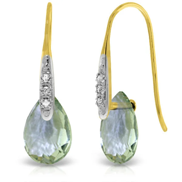 14K Solid Yellow Gold Fish Hook Earrings w/ Diamonds & Dangling Briolette Green Amethyst