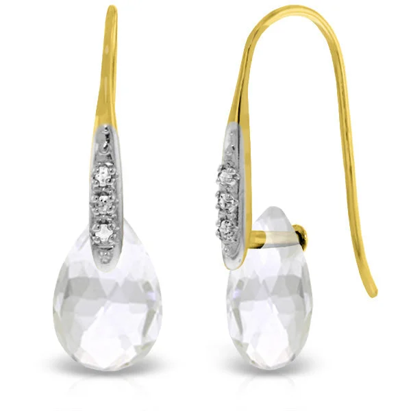 14K Solid Yellow Gold Fish Hook Earrings w/ Diamonds & Dangling Briolette White Topaz