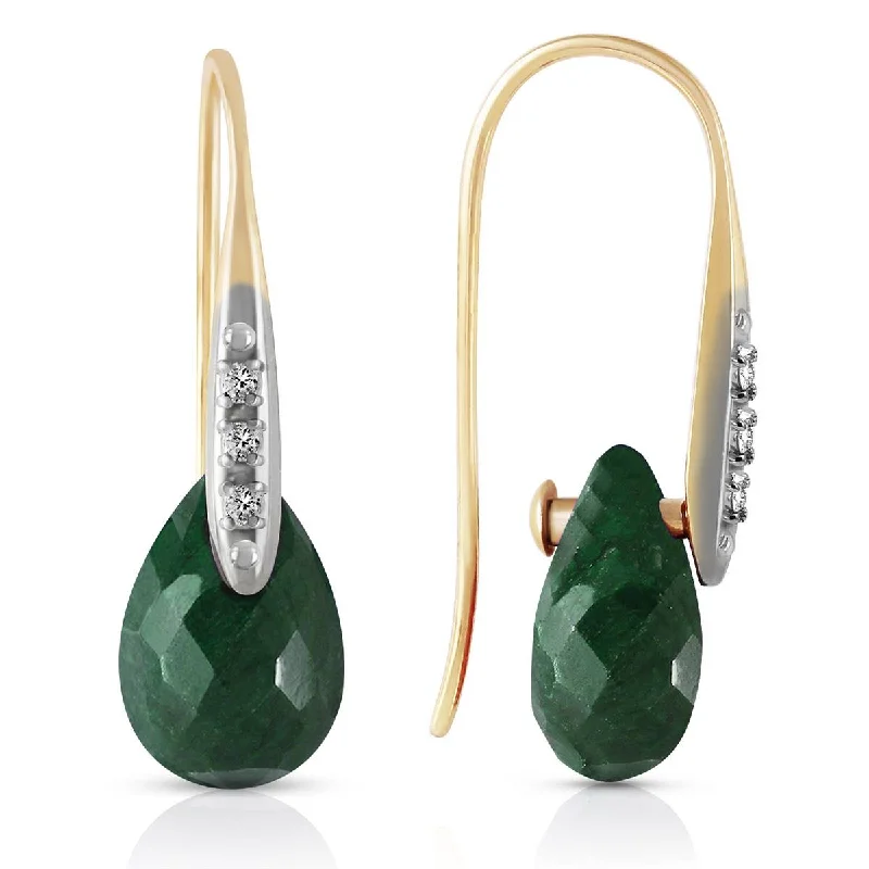 14K Solid Yellow Gold Fish Hook Earrings w/ Diamonds & Dangling Dyed Green Sapphires