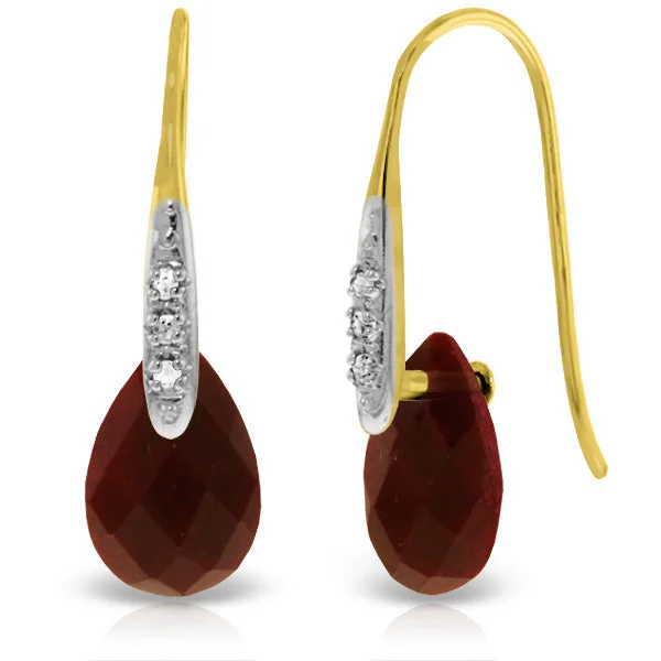 14K Solid Yellow Gold Fish Hook Earrings w/ Diamonds & Dangling Dyed Rubies