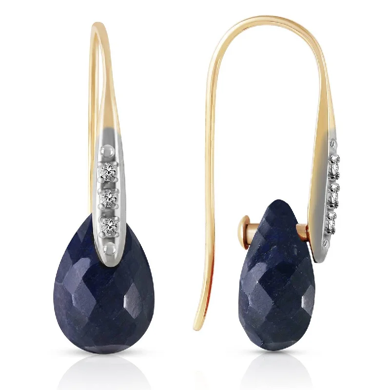 14K Solid Yellow Gold Fish Hook Earrings w/ Diamonds & Dangling Dyed Sapphires