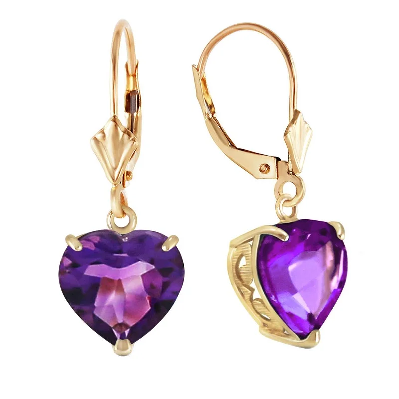 14K Solid Yellow Gold Leverback Earrings Natural 10mm Heart Amethysts