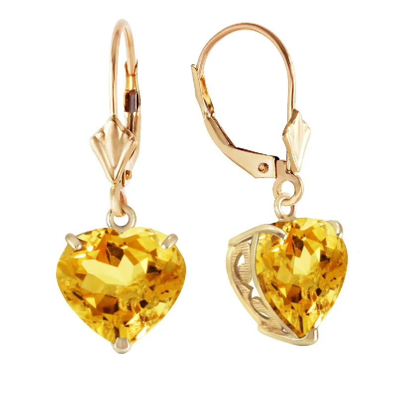 14K Solid Yellow Gold Leverback Earrings Natural 10mm Heart Citrines