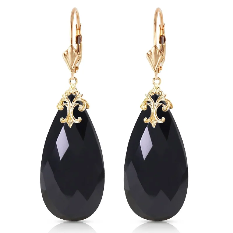 14K Solid Yellow Gold Leverback Earrings w/ Briolette 31x16 mm Black Onyx