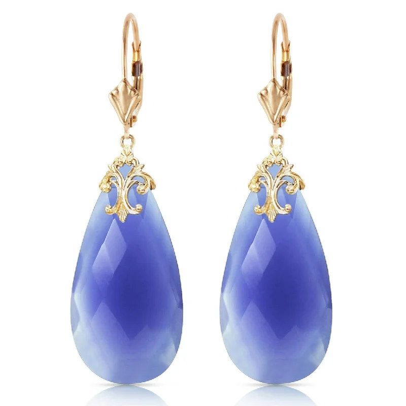 14K Solid Yellow Gold Leverback Earrings w/ Briolette 31x16 mm Deep Blue Chalcedony