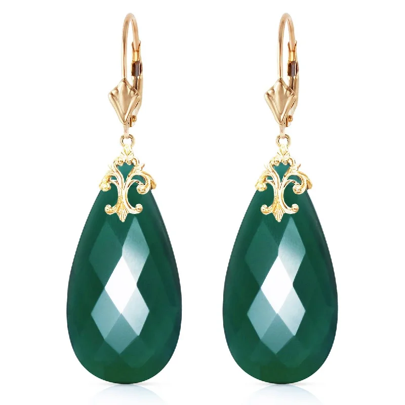 14K Solid Yellow Gold Leverback Earrings w/ Briolette 31x16 mm Deep Green Chalcedony