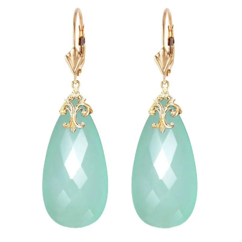 14K Solid Yellow Gold Leverback Earrings w/ Briolette 31x16 mm Mint Green Chalcedony