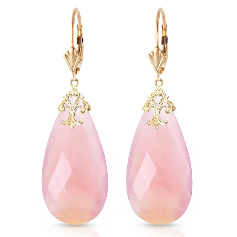 14K Solid Yellow Gold Leverback Earrings w/ Briolette 31x16 mm Pink Chalcedony