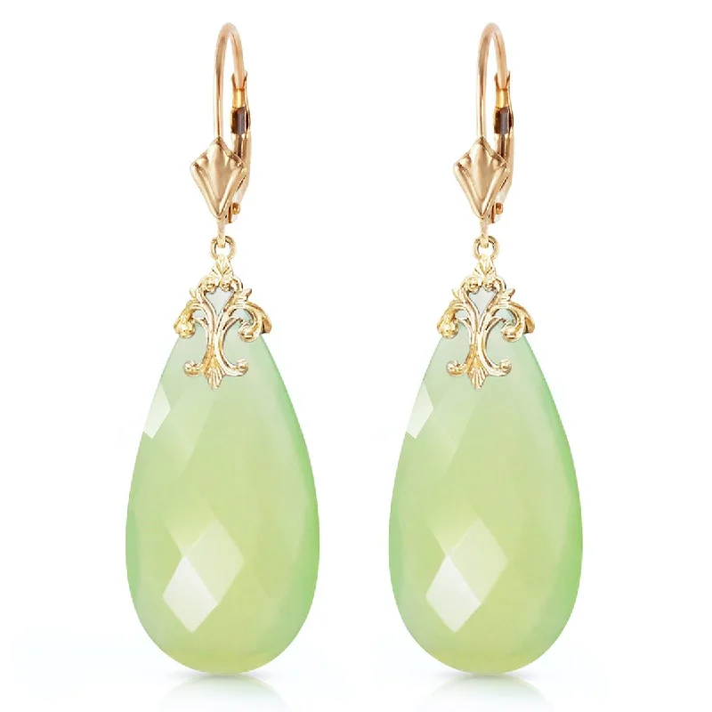 14K Solid Yellow Gold Leverback Earrings w/ Briolette 31x16 mm Prehnite Color Chalcedony