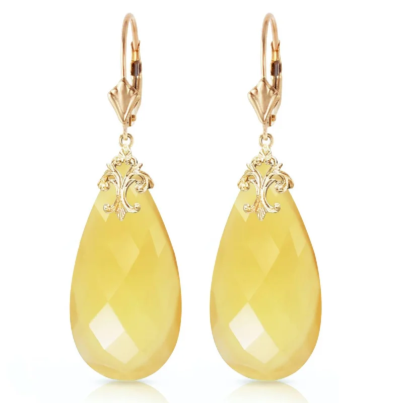 14K Solid Yellow Gold Leverback Earrings w/ Briolette 31x16 mm Yellow Onyx