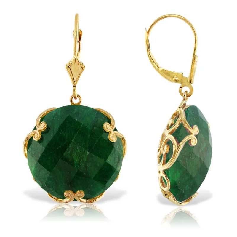 14K Solid Yellow Gold Leverback Earrings w/ Checkerboard Cut Round Dyed Green Sapphires