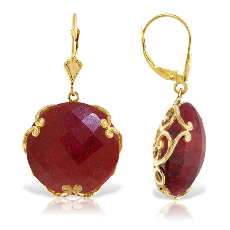 14K Solid Yellow Gold Leverback Earrings w/ Checkerboard Cut Round Dyed Rubies