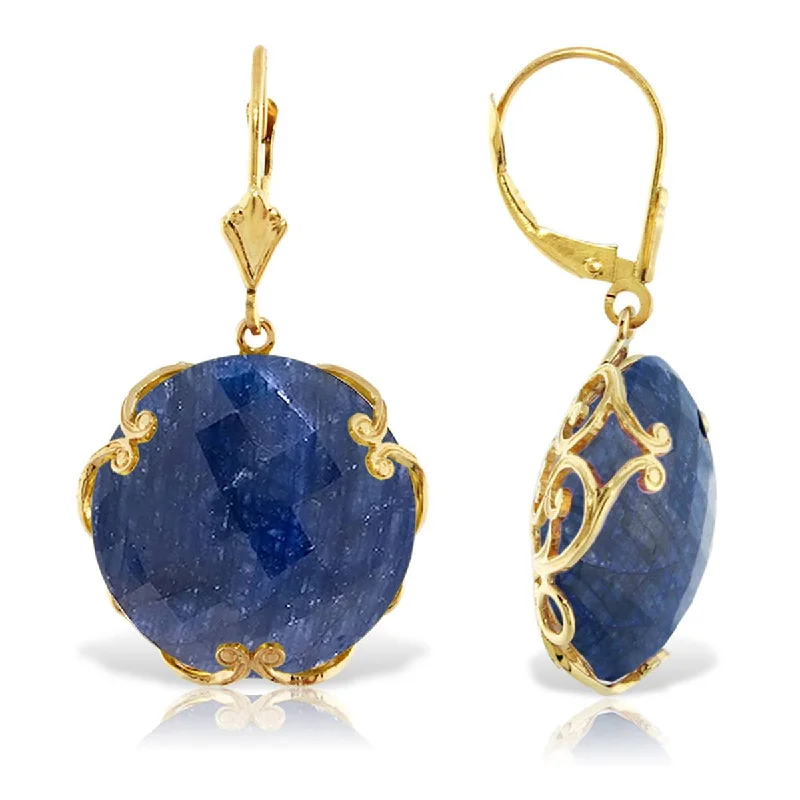 14K Solid Yellow Gold Leverback Earrings w/ Checkerboard Cut Round Dyed Sapphires