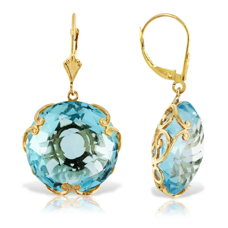 14K Solid Yellow Gold Leverback Round Blue Topaz Earrings