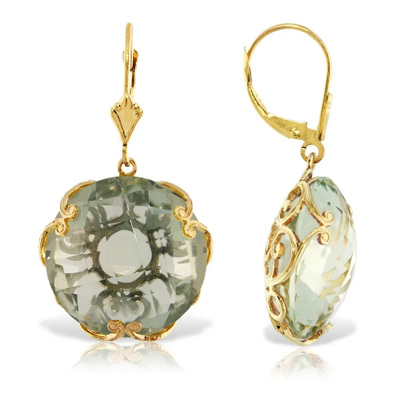 14K Solid Yellow Gold Leverback Round Green Amethyst Earrings