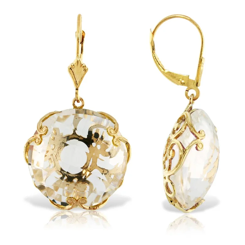 14K Solid Yellow Gold Leverback Round White Topaz Earrings