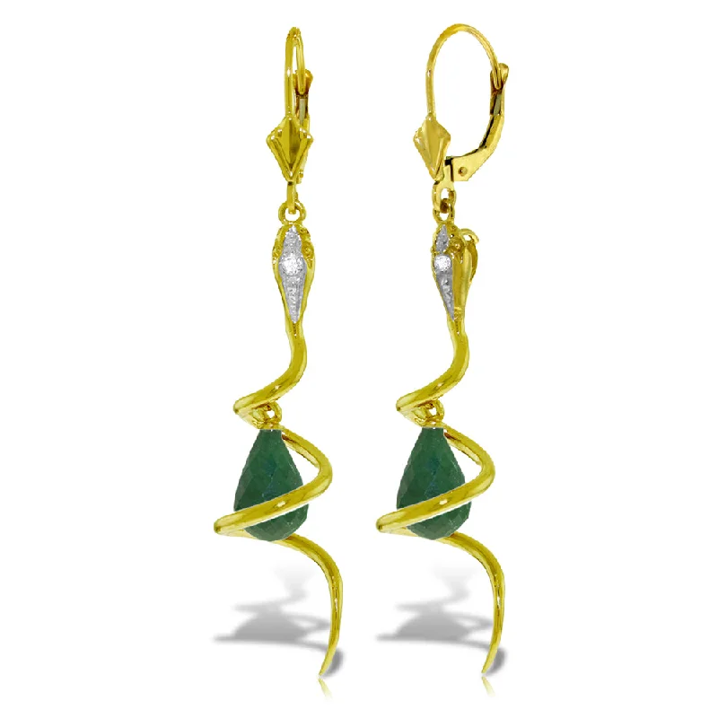 14K Solid Yellow Gold Snake Earrings w/ Briolette Green Dyed Sapphire & Diamonds