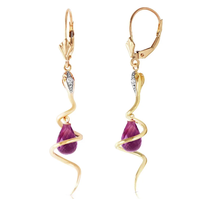 14K Solid Yellow Gold Snake Earrings w/ Dangling Briolette Amethysts & Diamonds