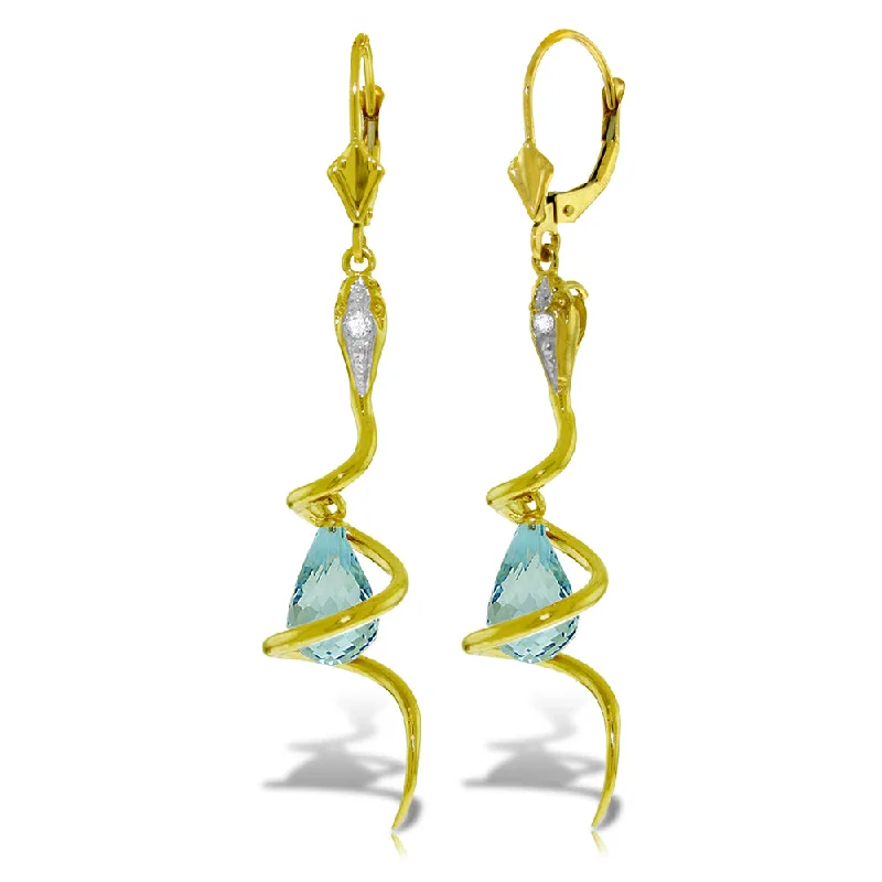 14K Solid Yellow Gold Snake Earrings w/ Dangling Briolette Blue Topaz & Diamonds