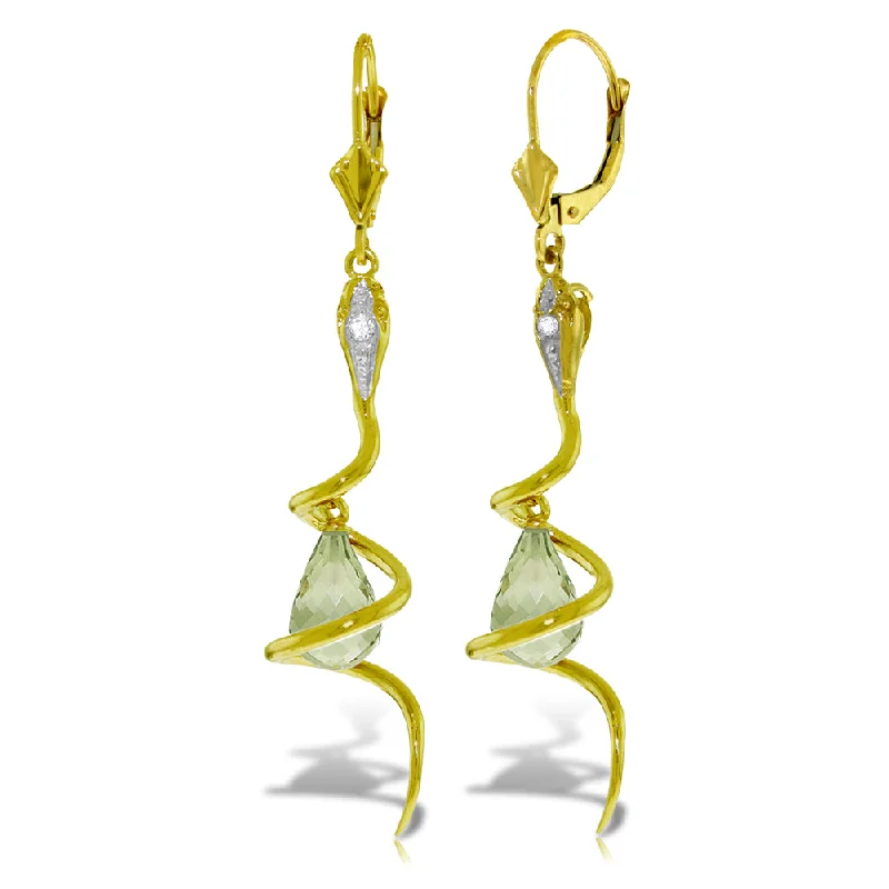 14K Solid Yellow Gold Snake Earrings w/ Dangling Briolette Green Amethysts & Diamond