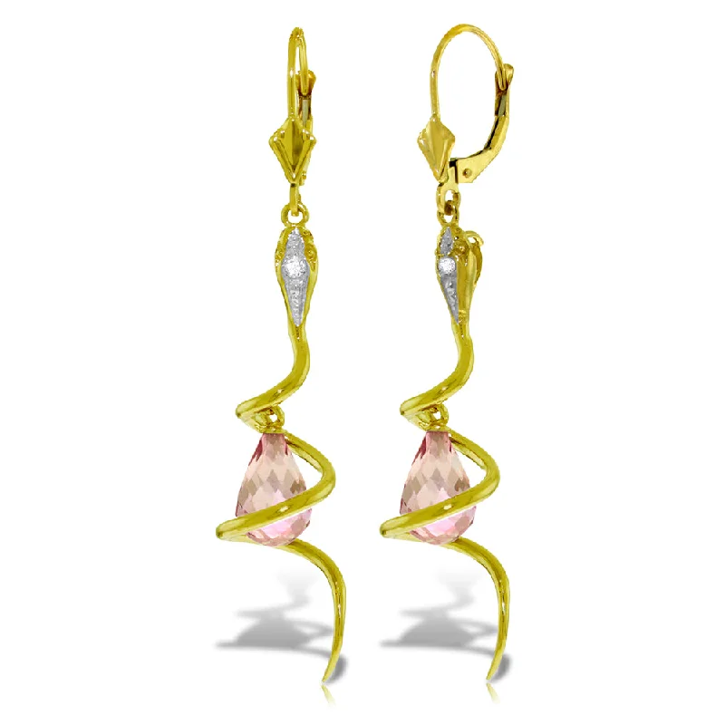 14K Solid Yellow Gold Snake Earrings w/ Dangling Briolette Pink Topaz & Diamonds