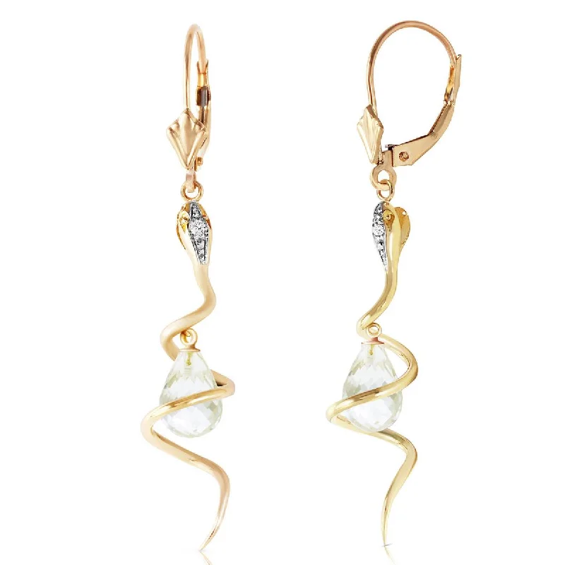 14K Solid Yellow Gold Snake Earrings w/ Dangling Briolette White Topaz & Diamonds