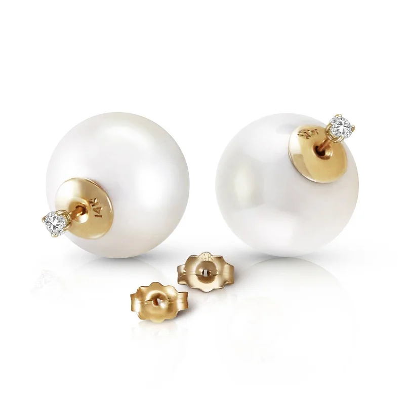 14K Solid Yellow Gold Stud 0.20 Carat Natural Diamonds Earrings w/ White Shell Pearls