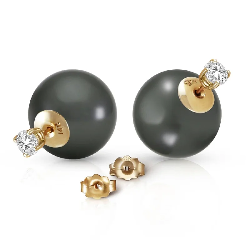 14K Solid Yellow Gold Stud 0.80 Carat Natural Diamonds Earrings w/ Black Shell Pearls