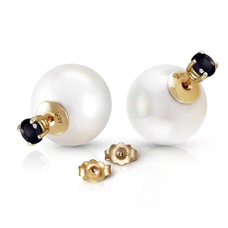 14K Solid Yellow Gold Stud 1.0 Carat Natural Black Diamonds & White Shell Pearl Earrings