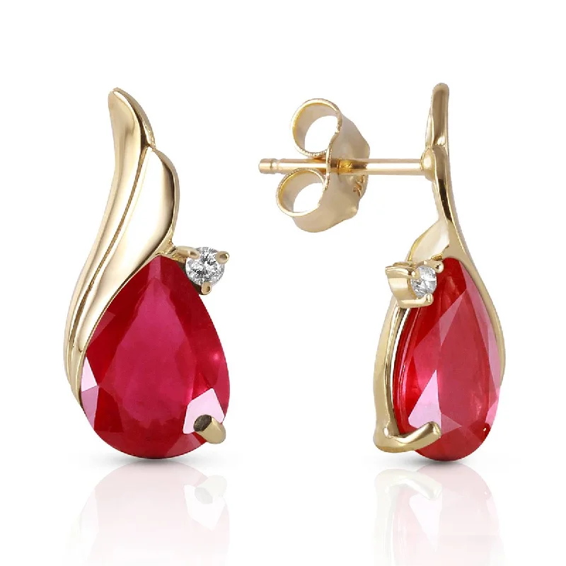 14K Solid Yellow Gold Studs Diamond & Ruby Earrings