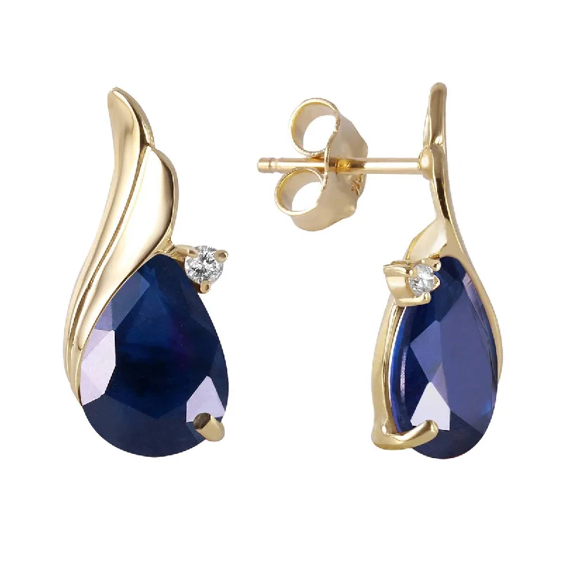 14K Solid Yellow Gold Studs Diamond & Sapphire Earrings