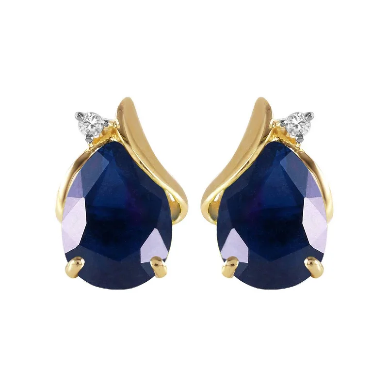 14K Solid Yellow Gold Studs Natural Diamond & Sapphire Earrings