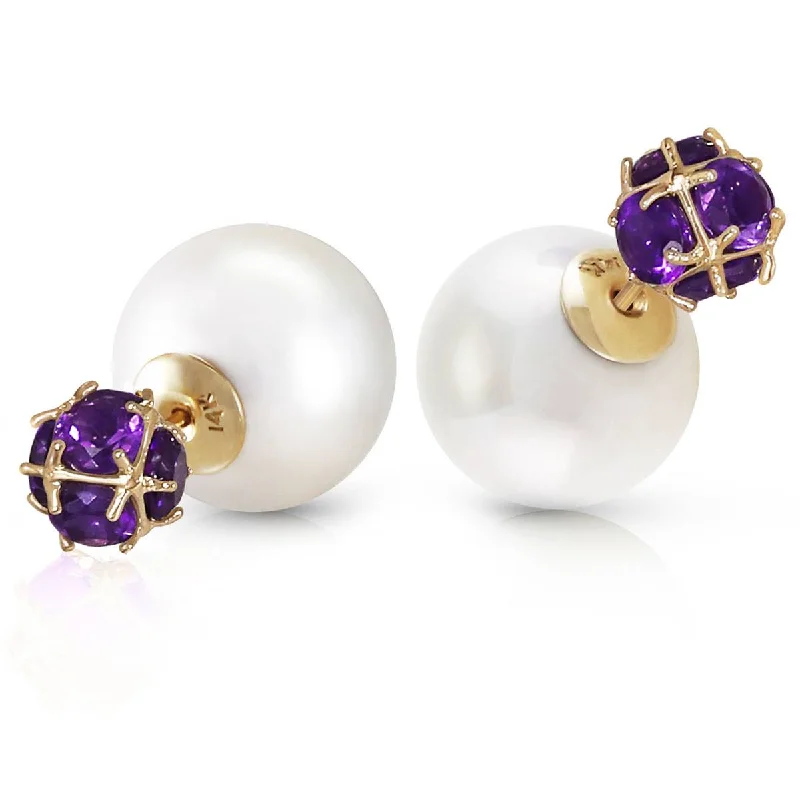 14K Solid Yellow Gold Tribal Double Shell Pearls And Amethysts Stud Earrings