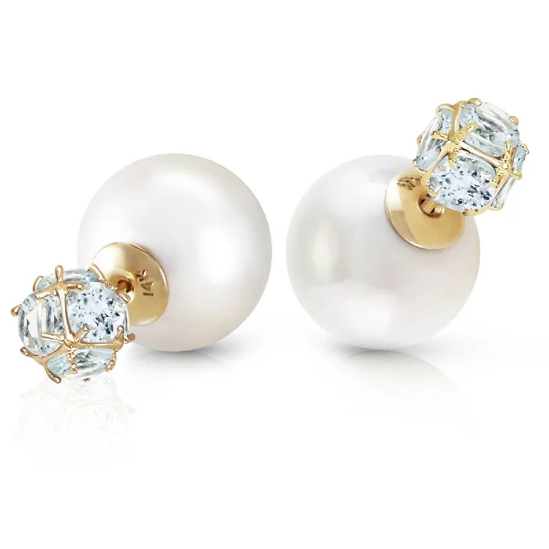 14K Solid Yellow Gold Tribal Double Shell Pearls And Aquamarines Stud Earrings