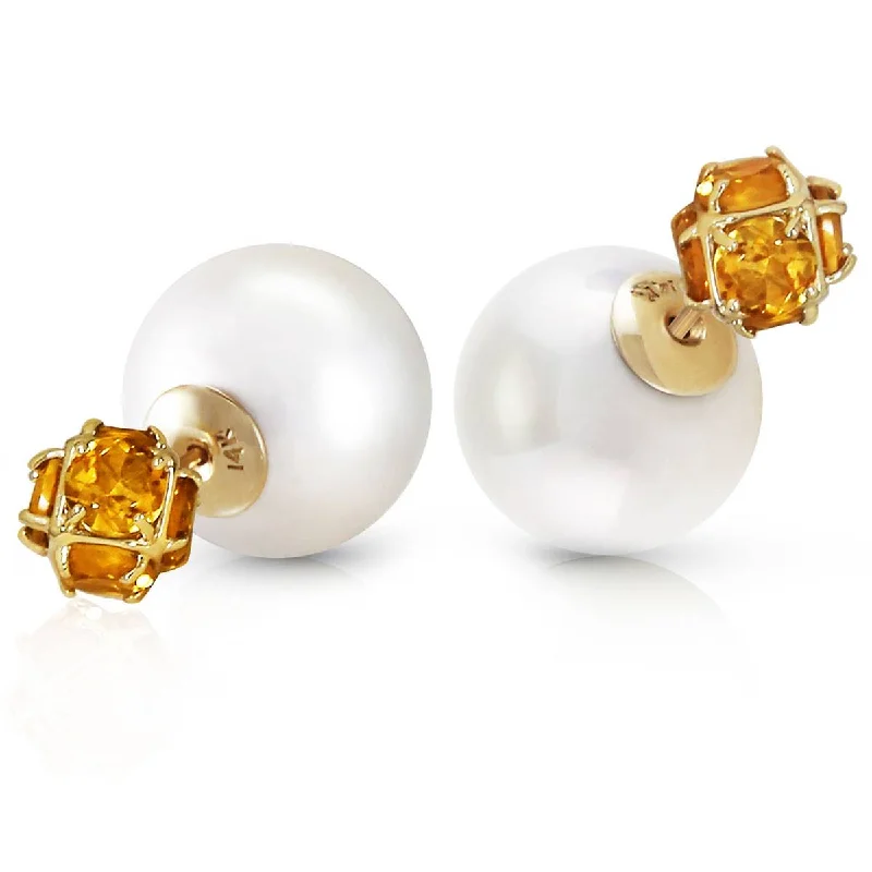 14K Solid Yellow Gold Tribal Double Shell Pearls And Citrines Stud Earrings