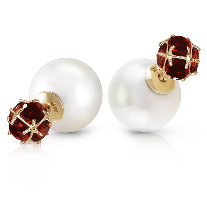 14K Solid Yellow Gold Tribal Double Shell Pearls And Garnets Stud Earrings