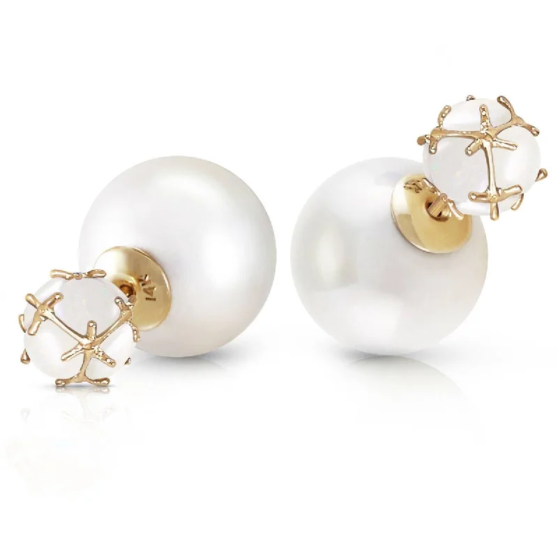 14K Solid Yellow Gold Tribal Double Shell Pearls And Opals Stud Earrings