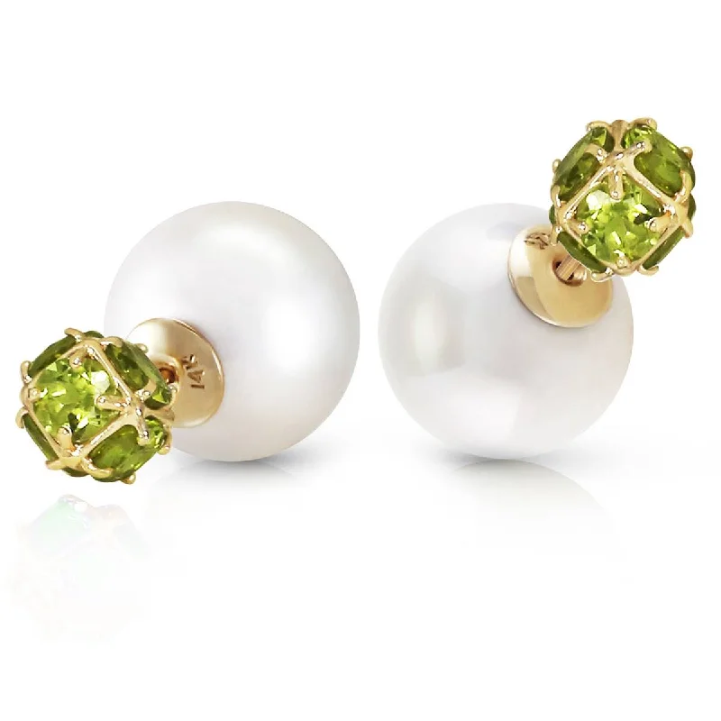 14K Solid Yellow Gold Tribal Double Shell Pearls And Peridots Stud Earrings