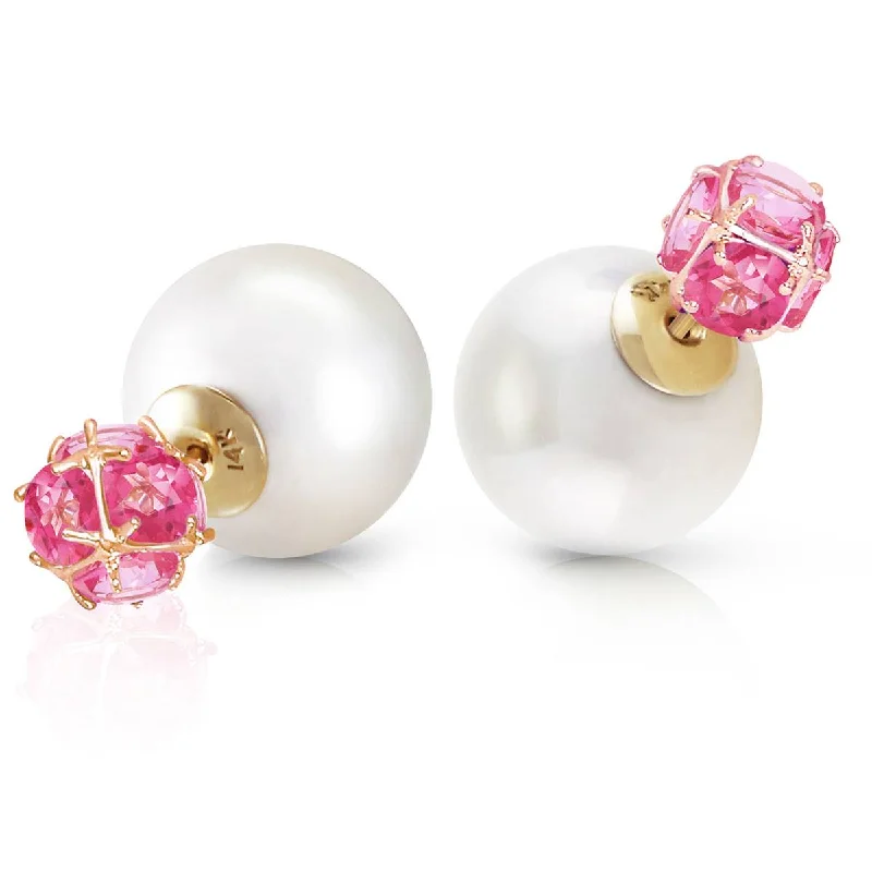 14K Solid Yellow Gold Tribal Double Shell Pearls And Pink Topaz Stud Earrings