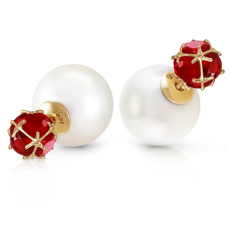 14K Solid Yellow Gold Tribal Double Shell Pearls And Rubies Stud Earrings