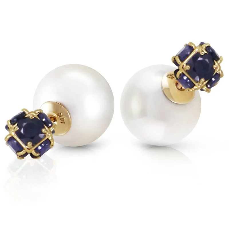 14K Solid Yellow Gold Tribal Double Shell Pearls And Sapphires Stud Earrings