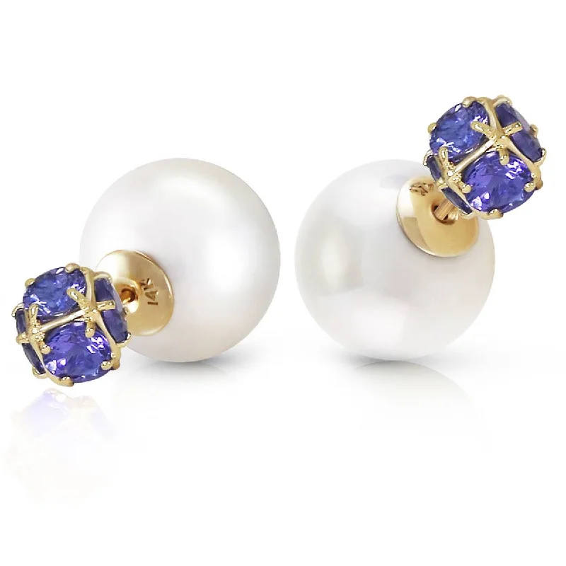 14K Solid Yellow Gold Tribal Double Shell Pearls And Tanzanites Stud Earrings