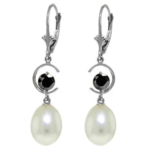 9 Carat 14K Solid White Gold Leverback Earrings Black Diamond Pearl