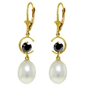 9 Carat 14K Solid Yellow Gold Leverback Earrings Black Diamond Pearl