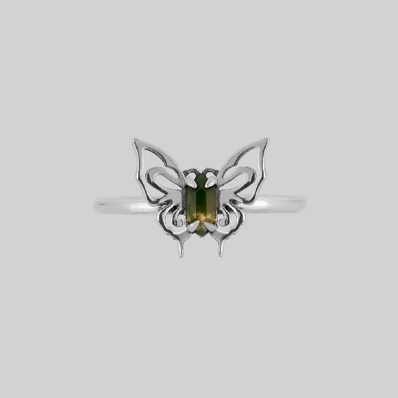 ANTHEIA. Moss Agate Butterfly Ring - Silver