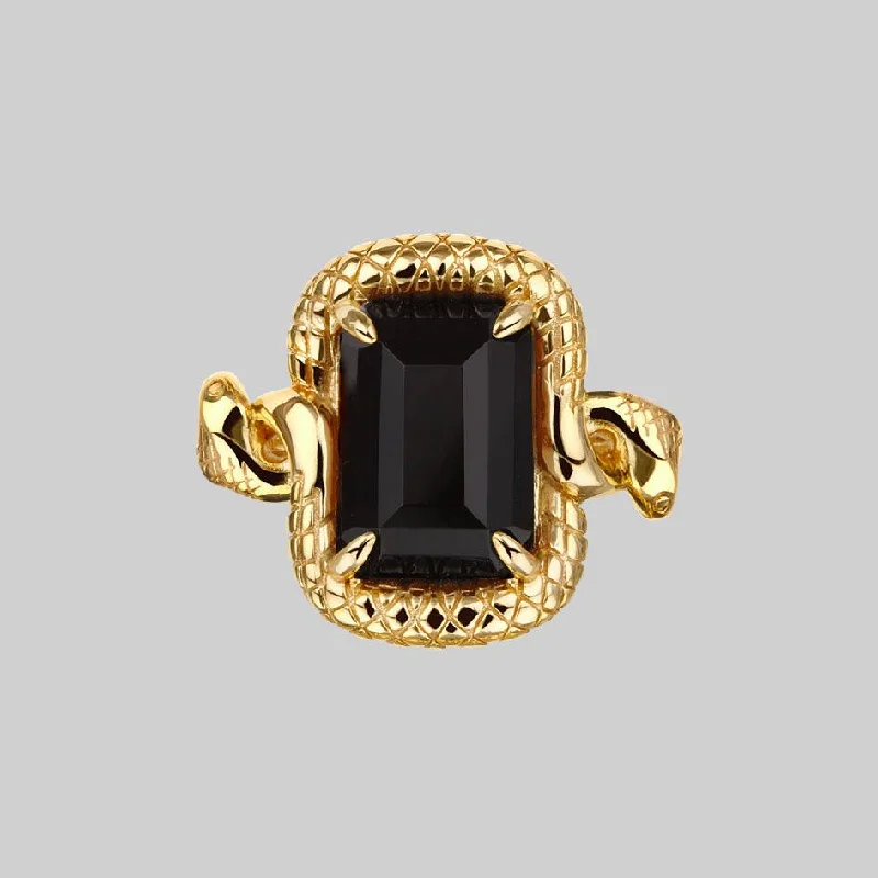 MALICE. Black Spinel Coiled Snake Cocktail Ring - Gold